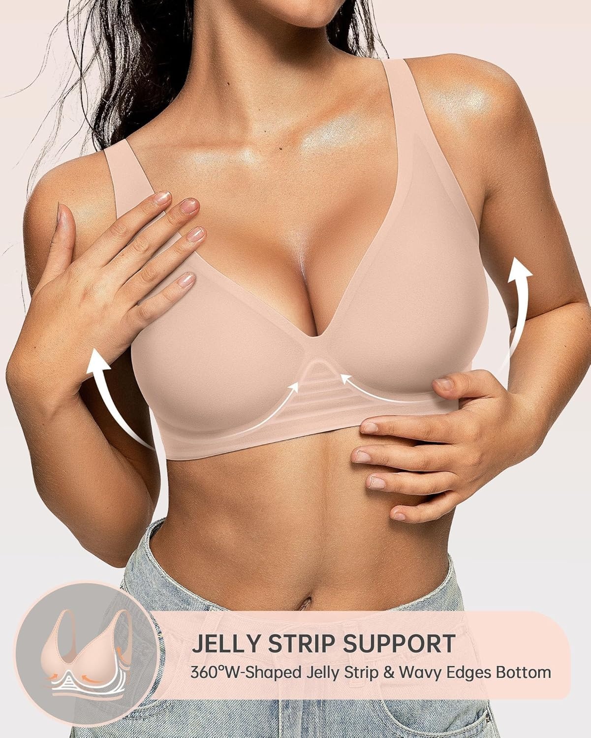 image:imageOEAK Womens Deep V Bras Wireless Comfortable Bra Supportive No Underwire Bras Tshirt Push Up Bralettes Plunge Seamless BraNude