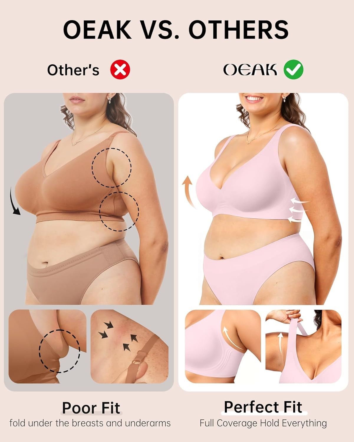 image:imageOEAK Womens Deep V Bras Wireless Comfortable Bra Supportive No Underwire Bras Tshirt Push Up Bralettes Plunge Seamless BraPink