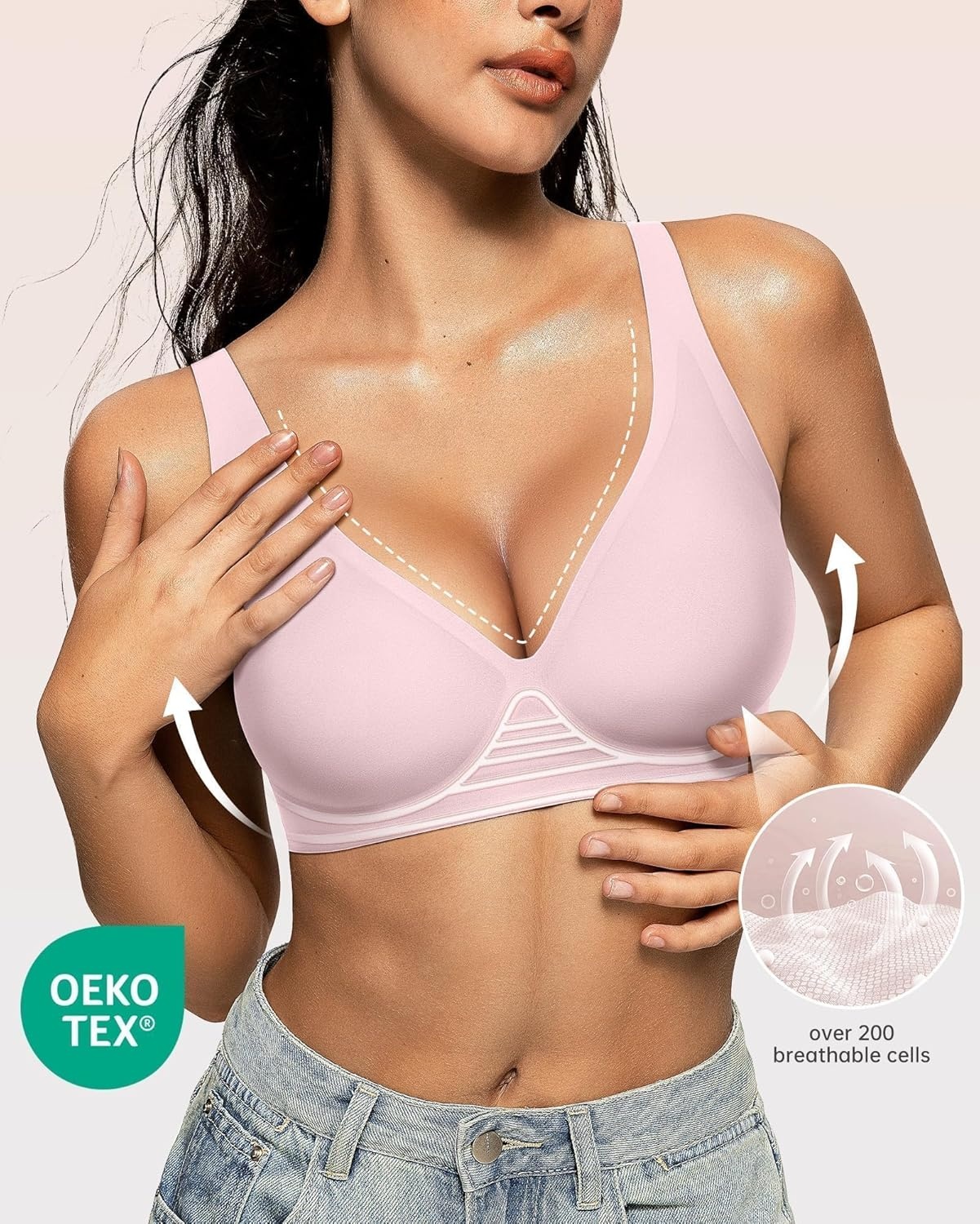 image:imageOEAK Womens Deep V Bras Wireless Comfortable Bra Supportive No Underwire Bras Tshirt Push Up Bralettes Plunge Seamless BraPink