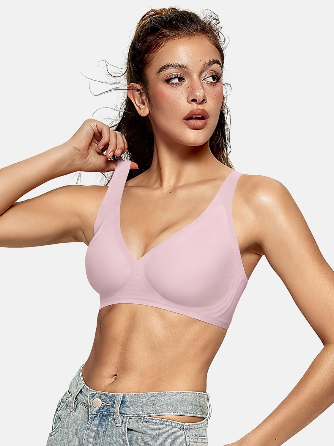 image:imageOEAK Womens Deep V Bras Wireless Comfortable Bra Supportive No Underwire Bras Tshirt Push Up Bralettes Plunge Seamless BraPink