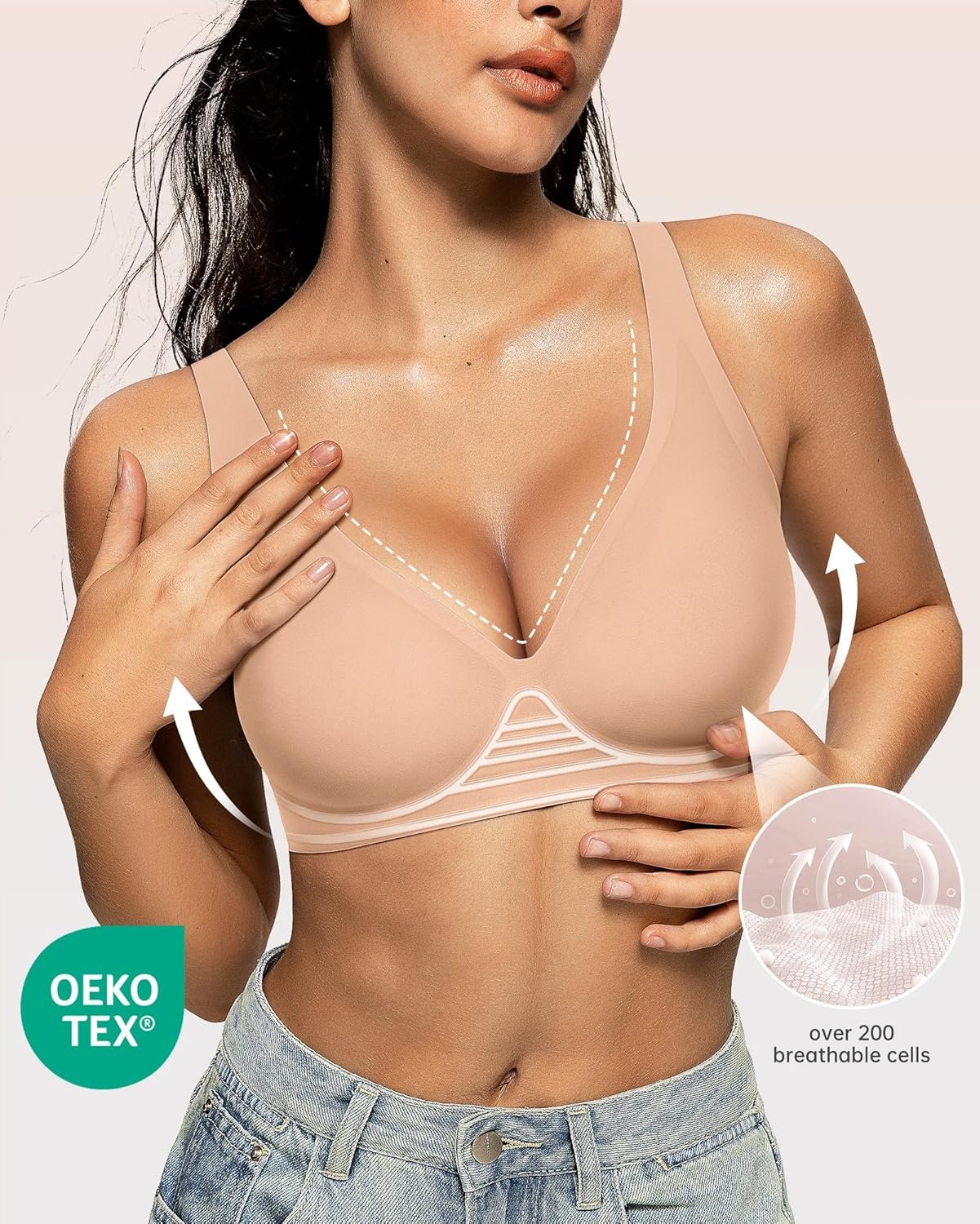 image:imageOEAK Womens Deep V Bras Wireless Comfortable Bra Supportive No Underwire Bras Tshirt Push Up Bralettes Plunge Seamless BraPraline
