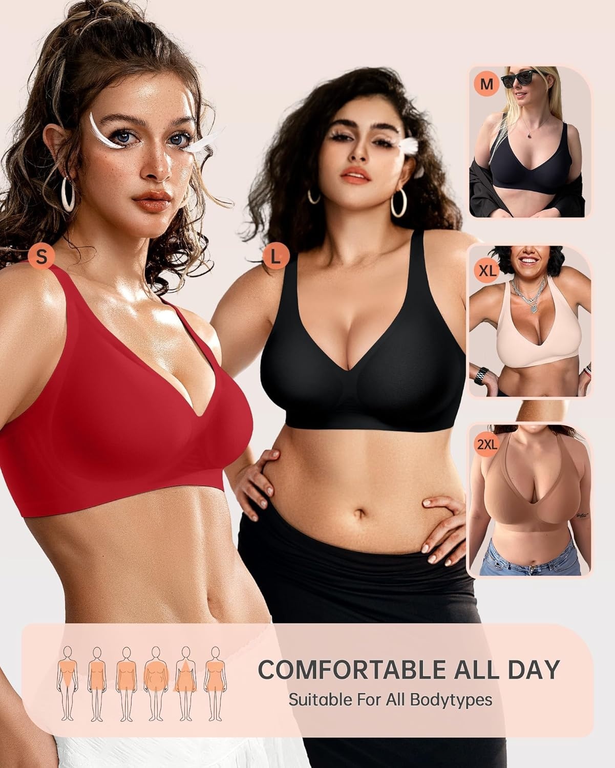 image:imageOEAK Womens Deep V Bras Wireless Comfortable Bra Supportive No Underwire Bras Tshirt Push Up Bralettes Plunge Seamless BraRed