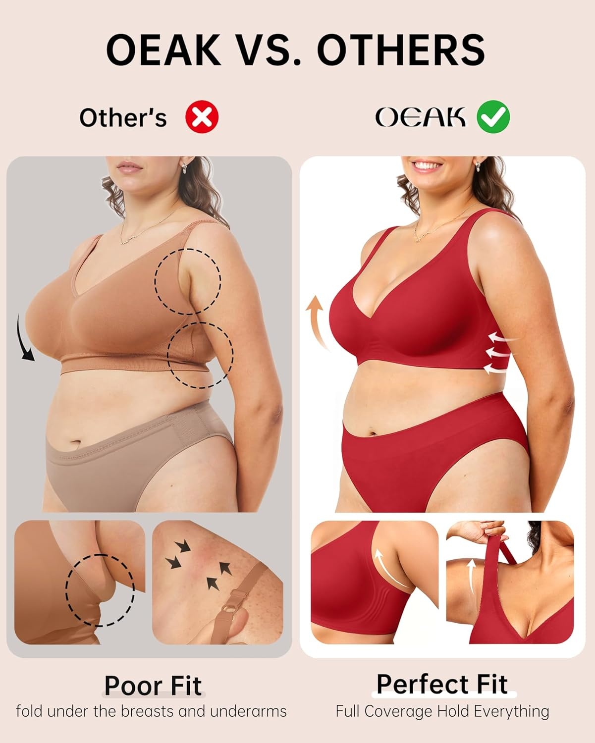 image:imageOEAK Womens Deep V Bras Wireless Comfortable Bra Supportive No Underwire Bras Tshirt Push Up Bralettes Plunge Seamless BraRed