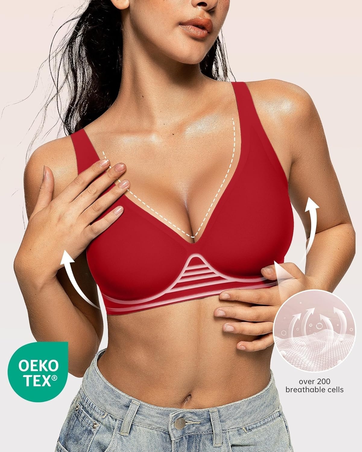 image:imageOEAK Womens Deep V Bras Wireless Comfortable Bra Supportive No Underwire Bras Tshirt Push Up Bralettes Plunge Seamless BraRed