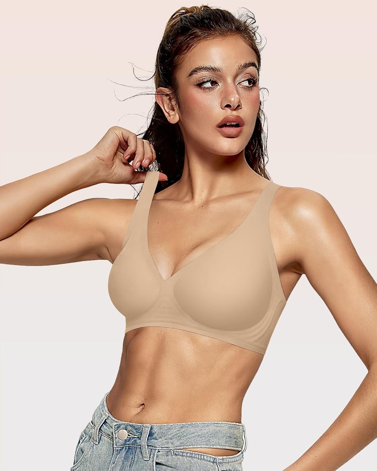 image:imageOEAK Womens Deep V Bras Wireless Comfortable Bra Supportive No Underwire Bras Tshirt Push Up Bralettes Plunge Seamless BraSemolina