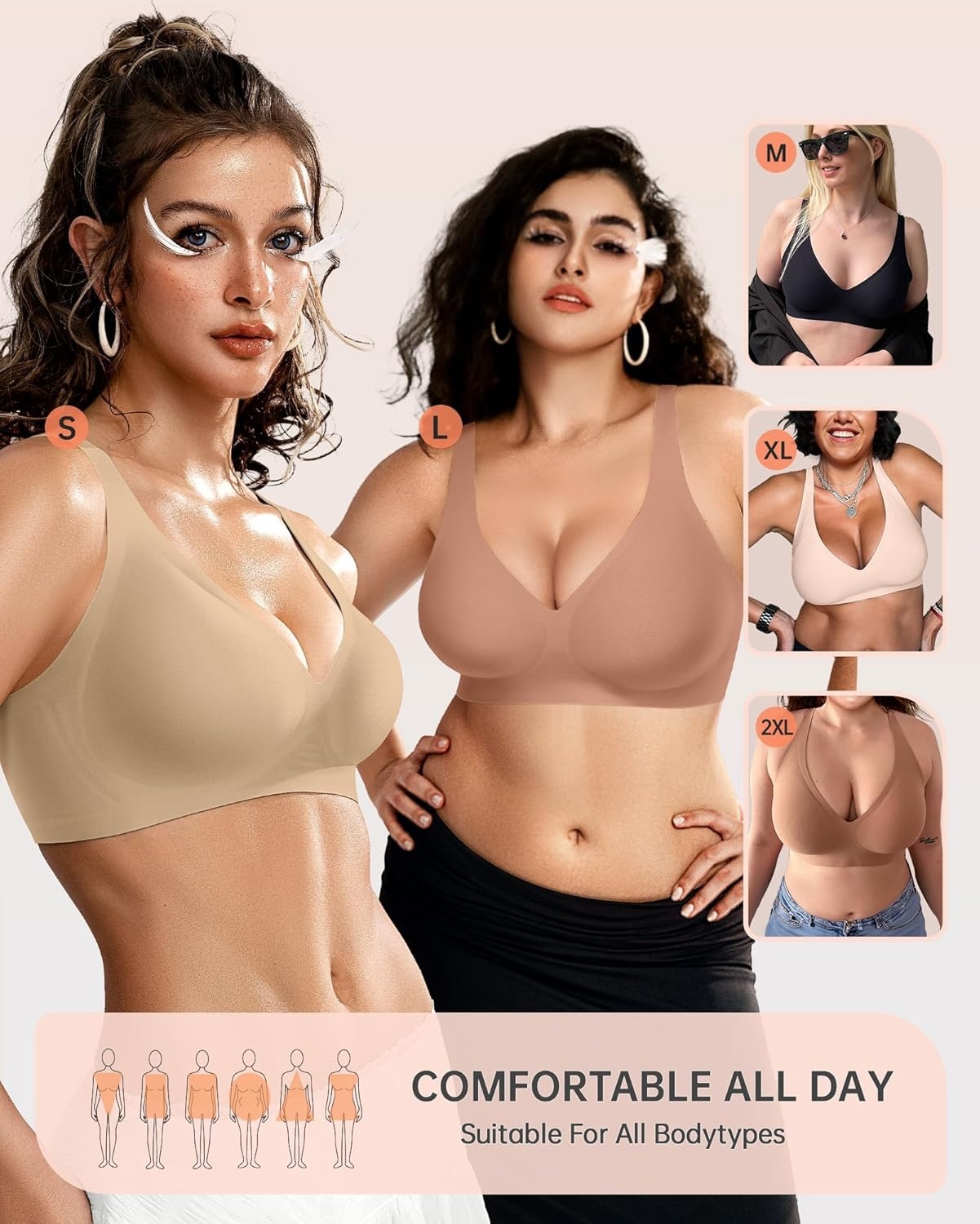 image:imageOEAK Womens Deep V Bras Wireless Comfortable Bra Supportive No Underwire Bras Tshirt Push Up Bralettes Plunge Seamless BraSemolina