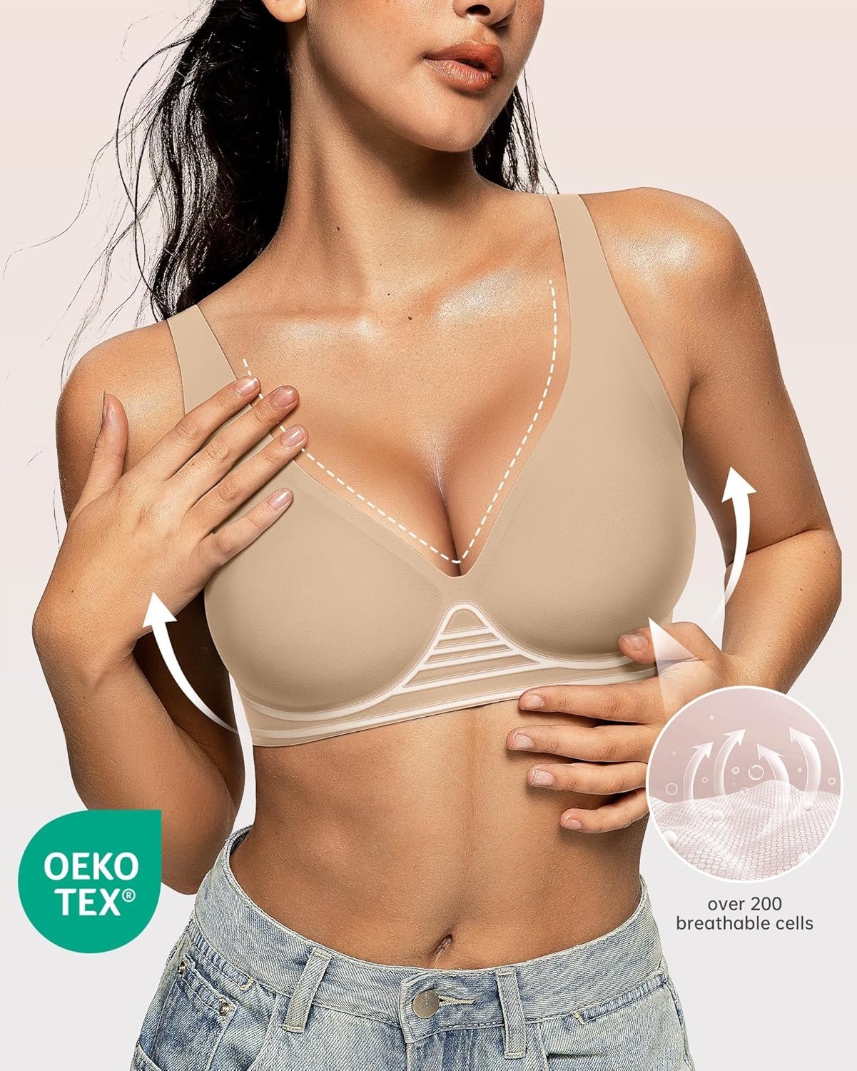 image:imageOEAK Womens Deep V Bras Wireless Comfortable Bra Supportive No Underwire Bras Tshirt Push Up Bralettes Plunge Seamless BraSemolina
