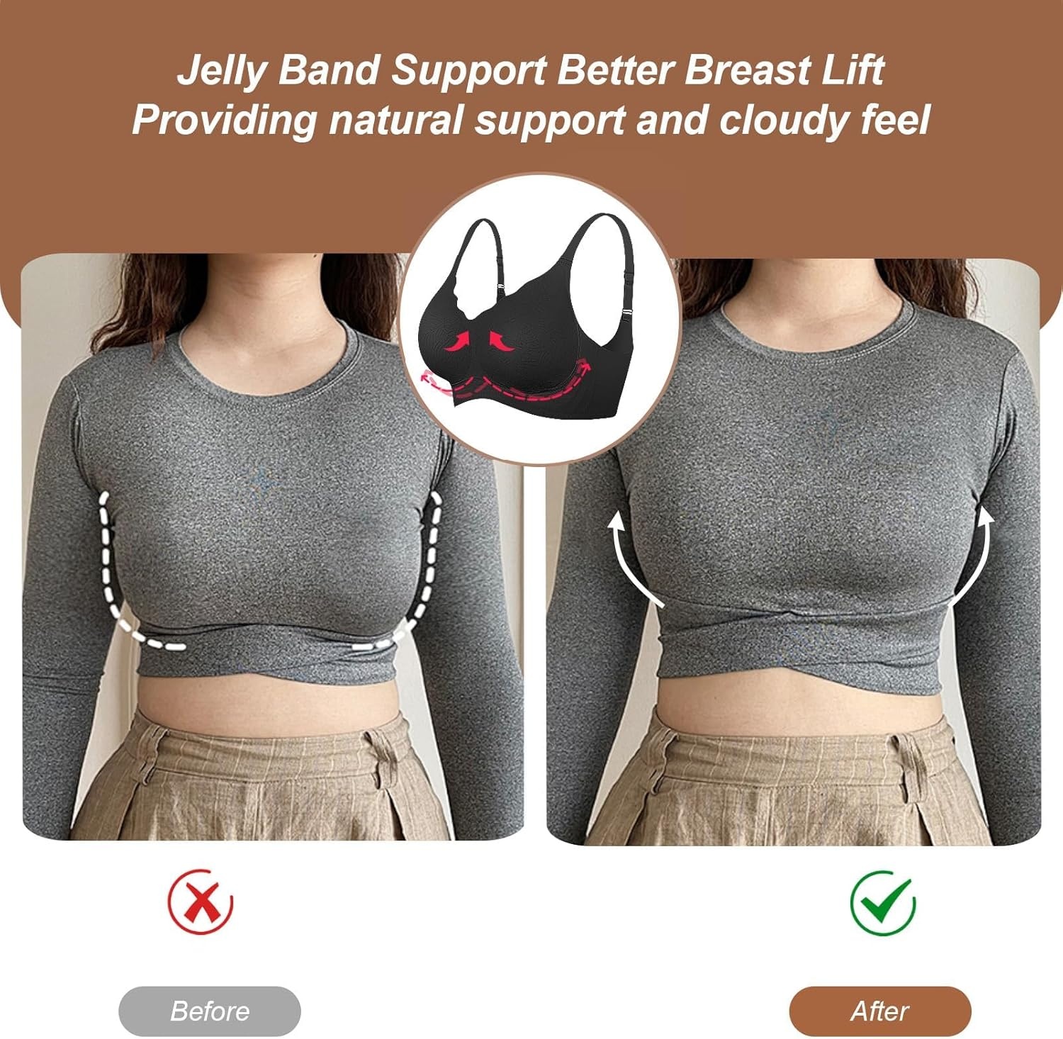 image:imageOEAK Womens Wireless Jelly Bras Push Up Bralette Full Coverage No Underwire Bra Comfortable Everyday Seamless Tshirt BrasBlack With Jcquard Wave