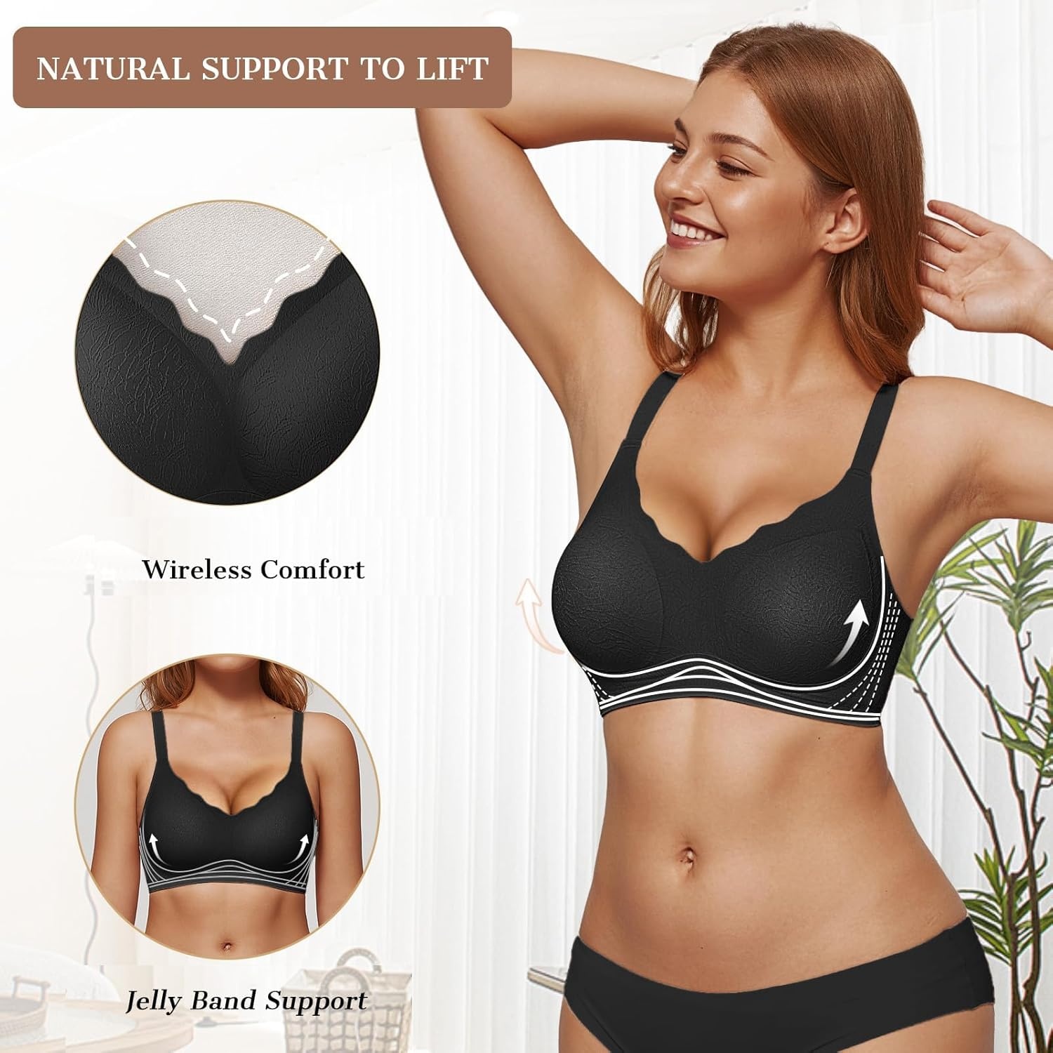 image:imageOEAK Womens Wireless Jelly Bras Push Up Bralette Full Coverage No Underwire Bra Comfortable Everyday Seamless Tshirt BrasBlack With Jcquard Wave