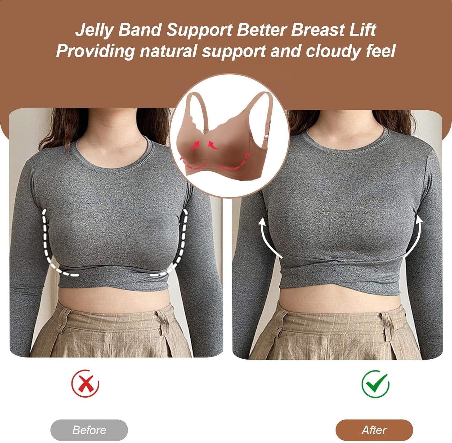 image:imageOEAK Womens Wireless Jelly Bras Push Up Bralette Full Coverage No Underwire Bra Comfortable Everyday Seamless Tshirt BrasCoffee