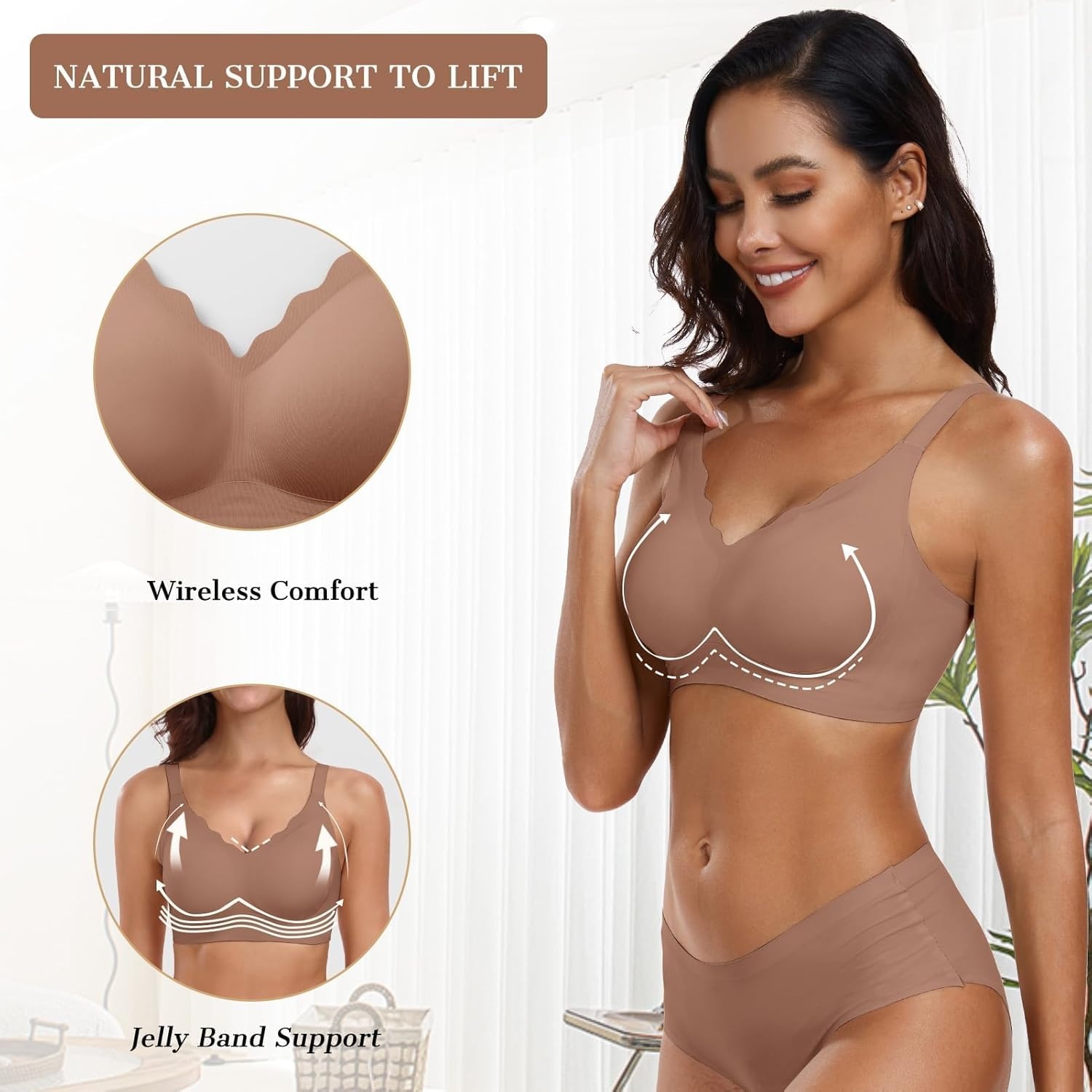 image:imageOEAK Womens Wireless Jelly Bras Push Up Bralette Full Coverage No Underwire Bra Comfortable Everyday Seamless Tshirt BrasCoffee