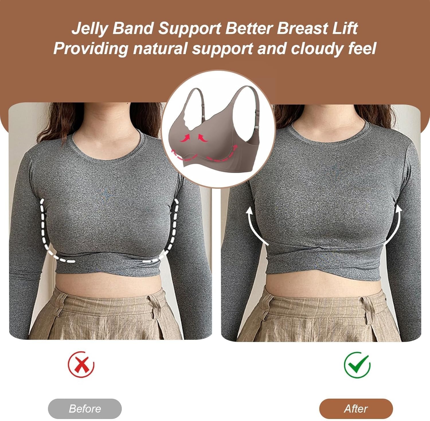 image:imageOEAK Womens Wireless Jelly Bras Push Up Bralette Full Coverage No Underwire Bra Comfortable Everyday Seamless Tshirt BrasGrey