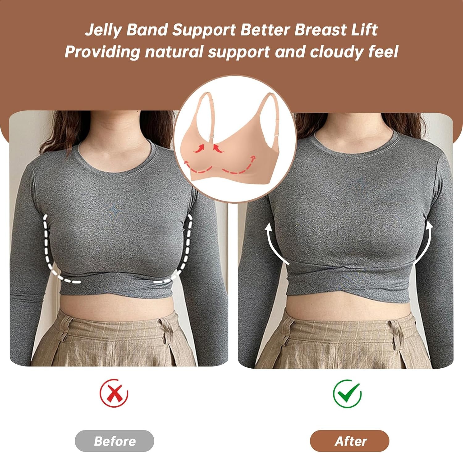 image:imageOEAK Womens Wireless Jelly Bras Push Up Bralette Full Coverage No Underwire Bra Comfortable Everyday Seamless Tshirt BrasHoney