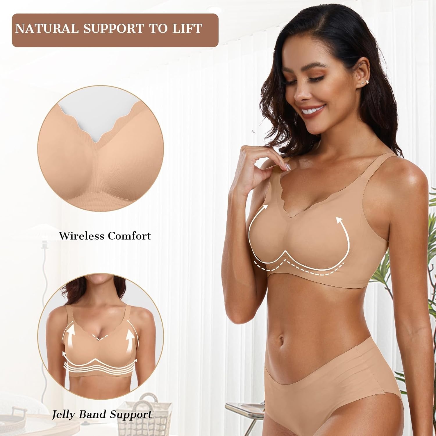 image:imageOEAK Womens Wireless Jelly Bras Push Up Bralette Full Coverage No Underwire Bra Comfortable Everyday Seamless Tshirt BrasHoney