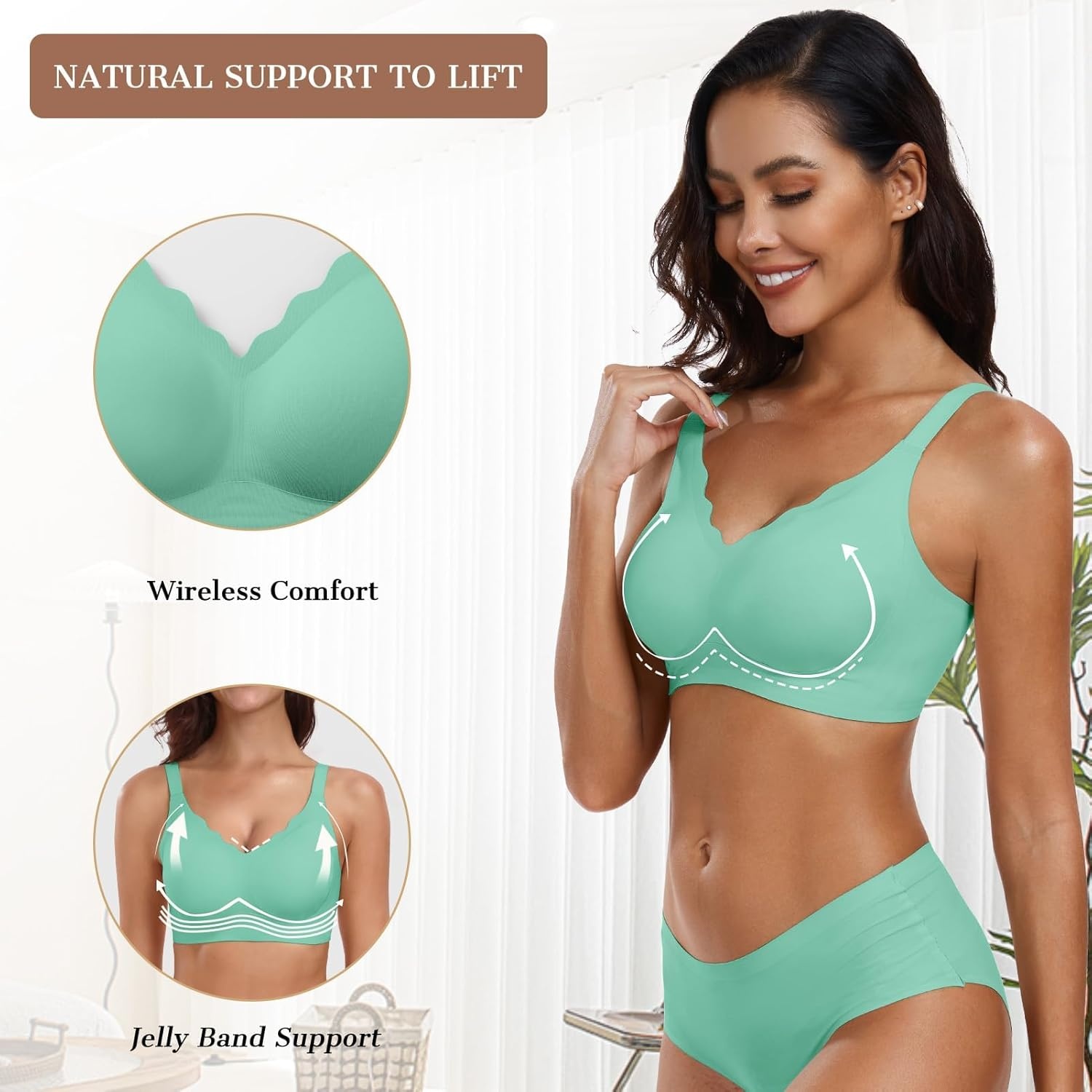 image:imageOEAK Womens Wireless Jelly Bras Push Up Bralette Full Coverage No Underwire Bra Comfortable Everyday Seamless Tshirt BrasMint Green