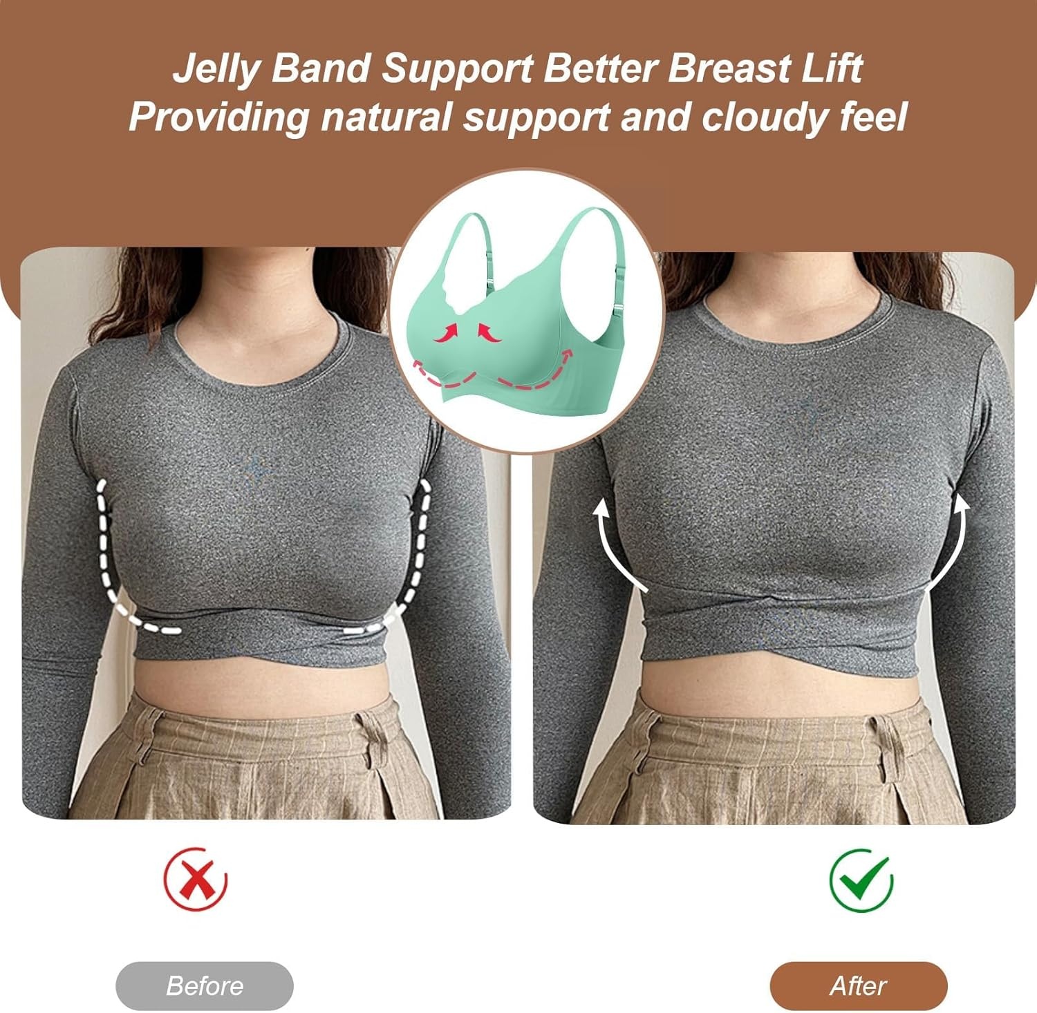 image:imageOEAK Womens Wireless Jelly Bras Push Up Bralette Full Coverage No Underwire Bra Comfortable Everyday Seamless Tshirt BrasMint Green