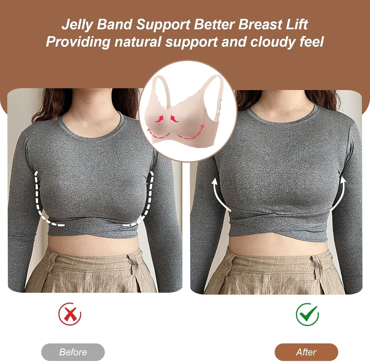 image:imageOEAK Womens Wireless Jelly Bras Push Up Bralette Full Coverage No Underwire Bra Comfortable Everyday Seamless Tshirt BrasNude