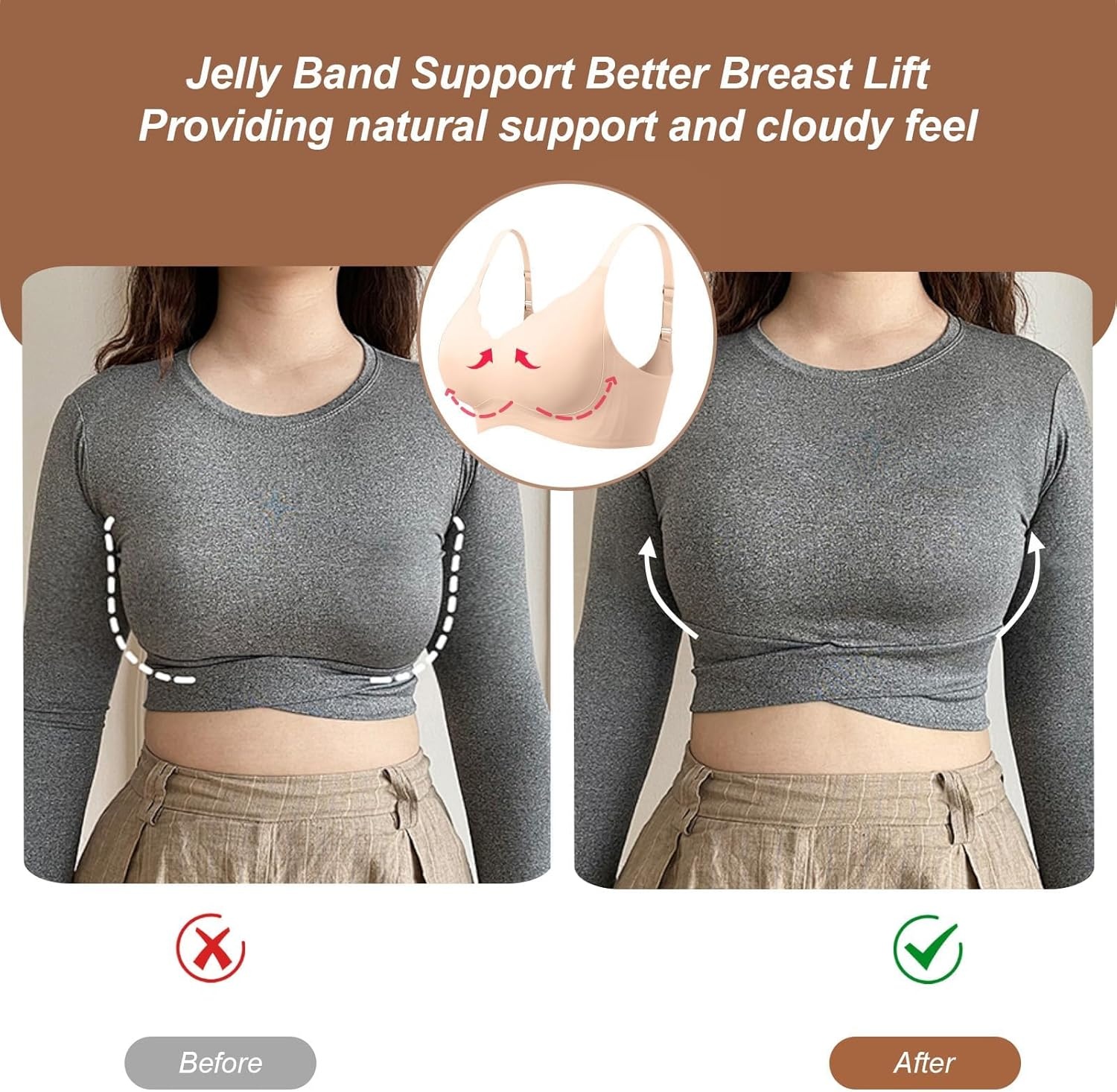 image:imageOEAK Womens Wireless Jelly Bras Push Up Bralette Full Coverage No Underwire Bra Comfortable Everyday Seamless Tshirt BrasOatmeal