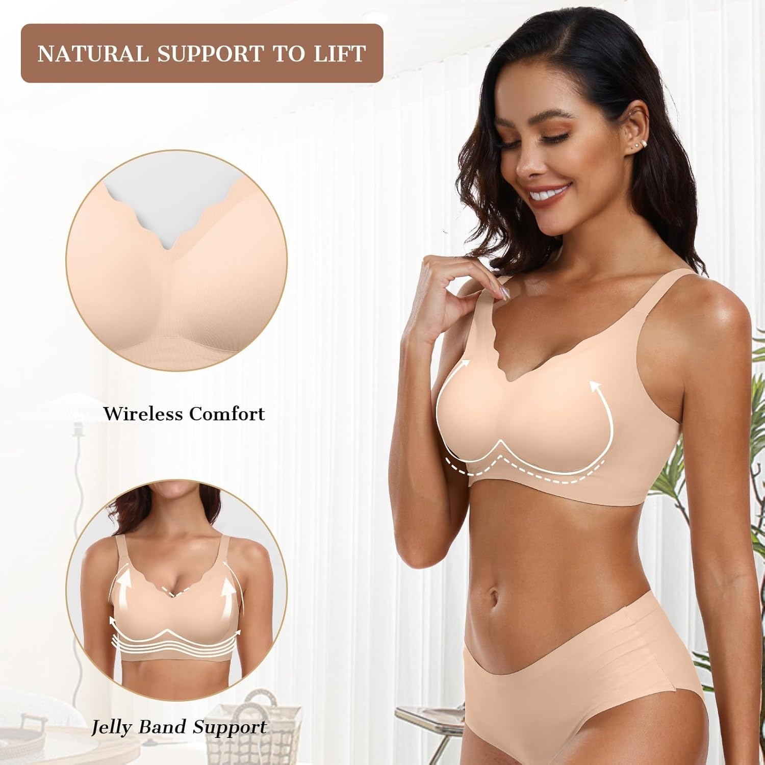 image:imageOEAK Womens Wireless Jelly Bras Push Up Bralette Full Coverage No Underwire Bra Comfortable Everyday Seamless Tshirt BrasOatmeal