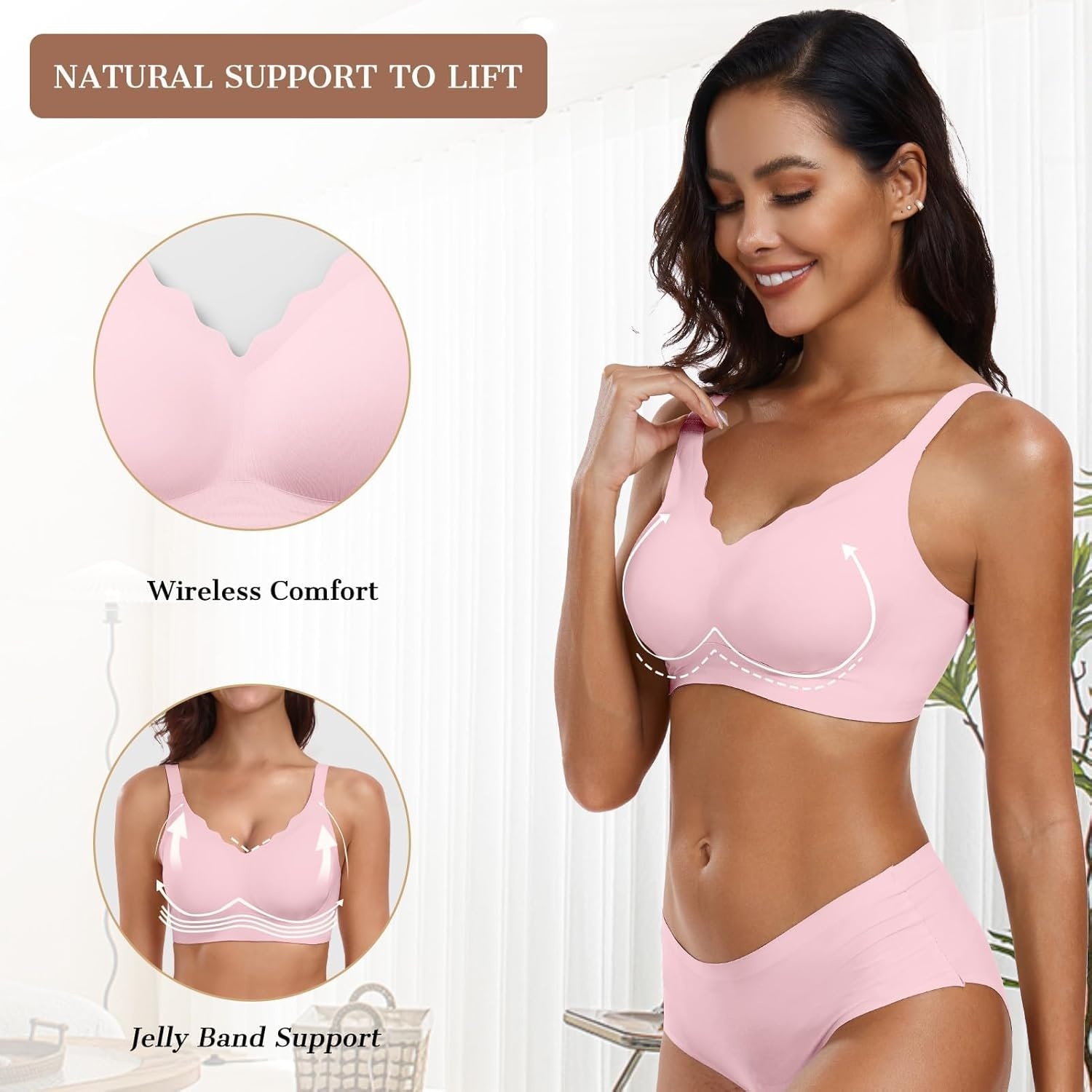 image:imageOEAK Womens Wireless Jelly Bras Push Up Bralette Full Coverage No Underwire Bra Comfortable Everyday Seamless Tshirt BrasPink