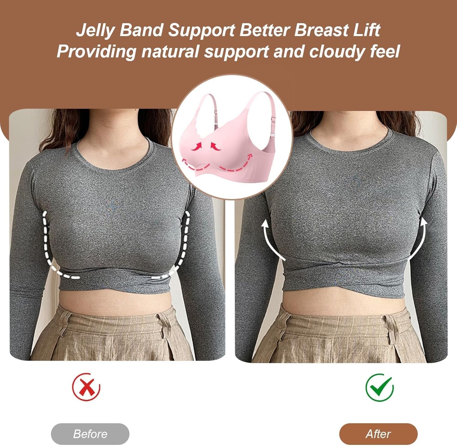 image:imageOEAK Womens Wireless Jelly Bras Push Up Bralette Full Coverage No Underwire Bra Comfortable Everyday Seamless Tshirt BrasPink