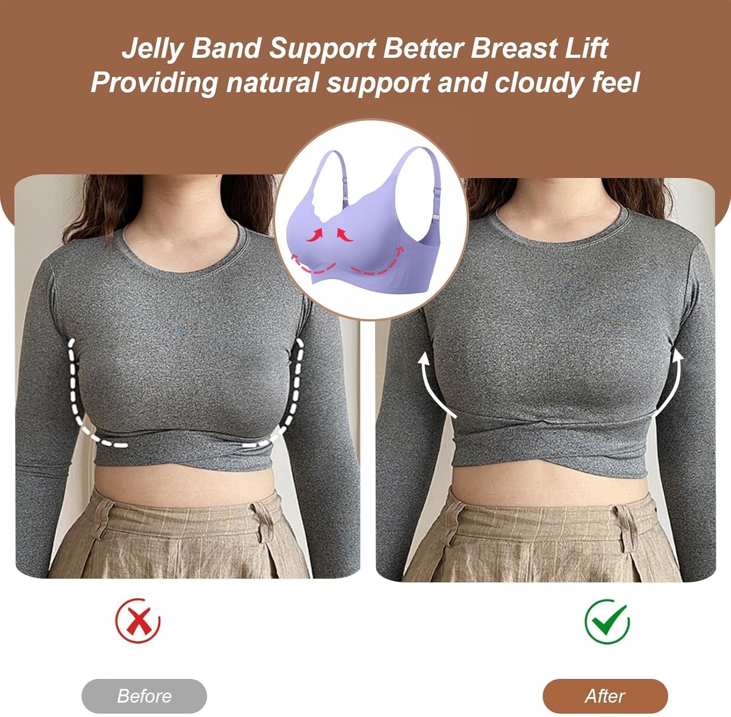 image:imageOEAK Womens Wireless Jelly Bras Push Up Bralette Full Coverage No Underwire Bra Comfortable Everyday Seamless Tshirt BrasPurple