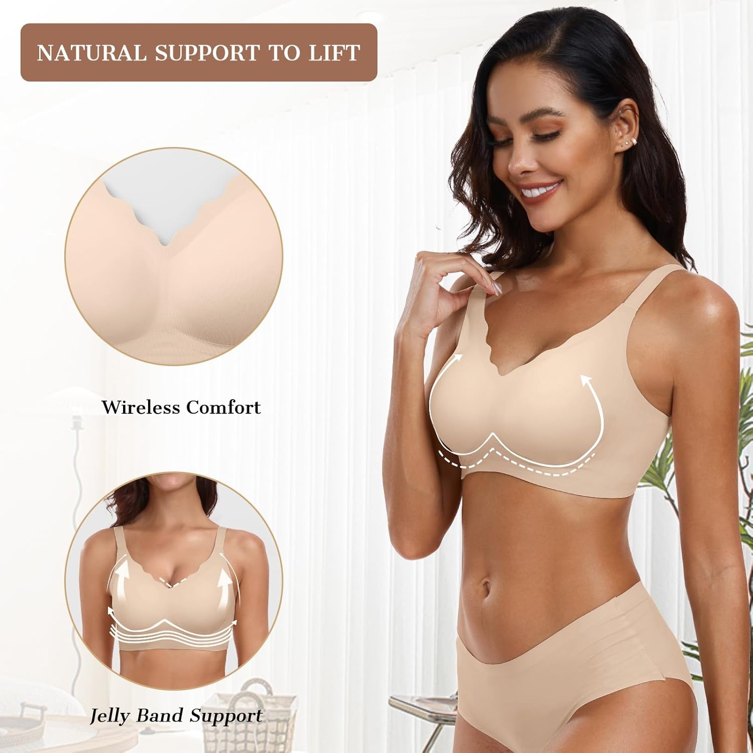 image:imageOEAK Womens Wireless Jelly Bras Push Up Bralette Full Coverage No Underwire Bra Comfortable Everyday Seamless Tshirt BrasSkin Sand