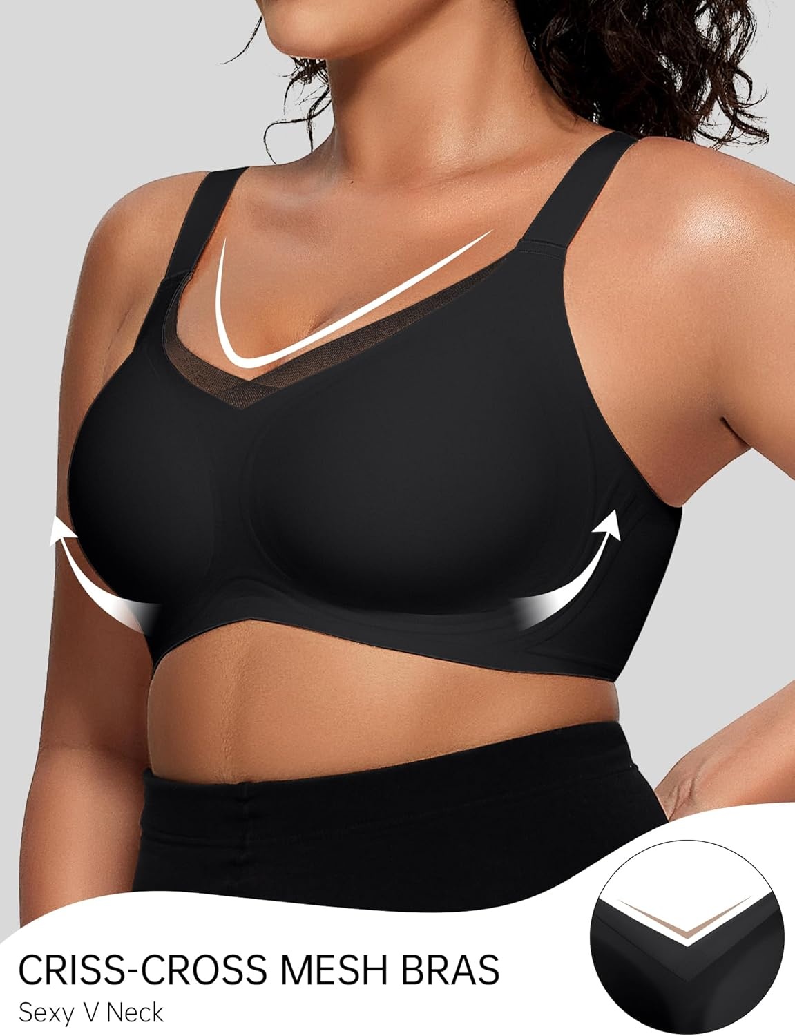 image:imageOEAK Womens Wireless Jelly Bras V Mesh Comfortable Bralette Supportive Tshirt Bra No Underwire Seamless Push Up Everyday BrasBlack