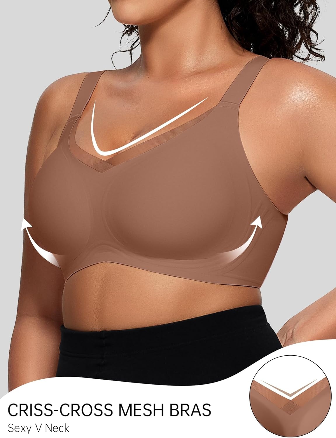 image:imageOEAK Womens Wireless Jelly Bras V Mesh Comfortable Bralette Supportive Tshirt Bra No Underwire Seamless Push Up Everyday BrasKhaki