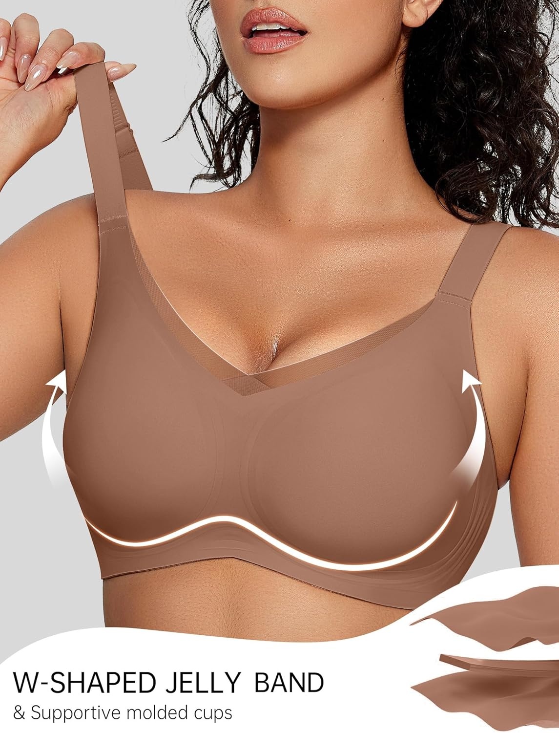 image:imageOEAK Womens Wireless Jelly Bras V Mesh Comfortable Bralette Supportive Tshirt Bra No Underwire Seamless Push Up Everyday BrasKhaki