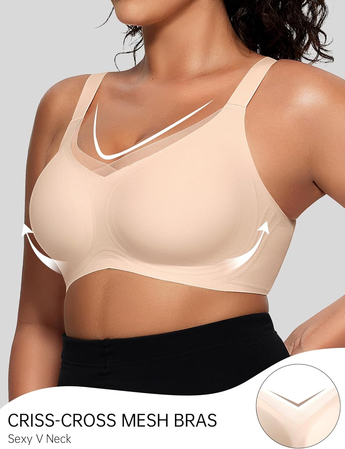 image:imageOEAK Womens Wireless Jelly Bras V Mesh Comfortable Bralette Supportive Tshirt Bra No Underwire Seamless Push Up Everyday BrasNude