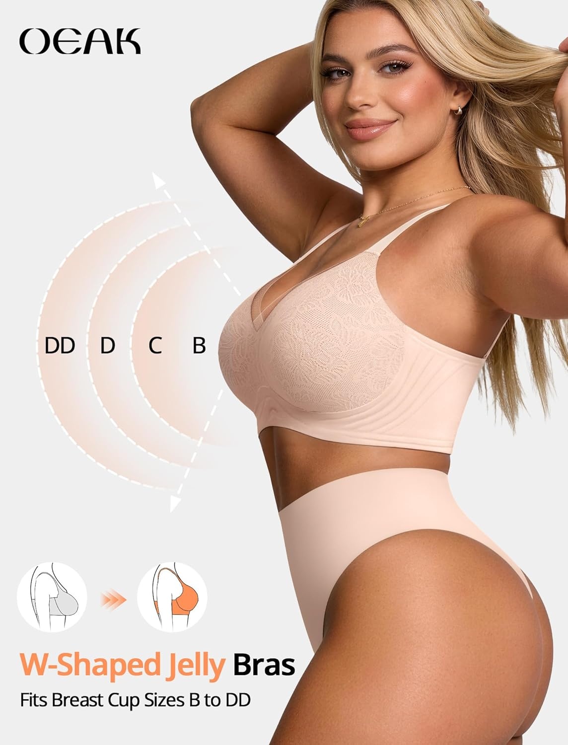 image:imageOEAK Womens Wireless Jelly Bras V Mesh Comfortable Bralette Supportive Tshirt Bra No Underwire Seamless Push Up Everyday BrasNude Lace