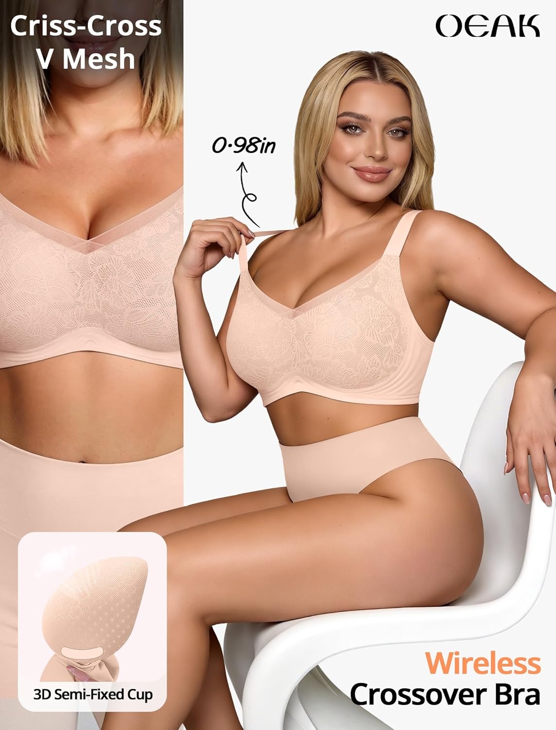image:imageOEAK Womens Wireless Jelly Bras V Mesh Comfortable Bralette Supportive Tshirt Bra No Underwire Seamless Push Up Everyday BrasNude Lace