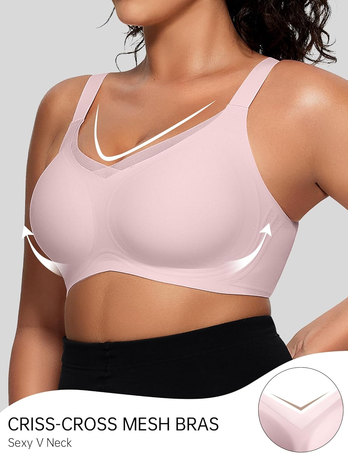 image:imageOEAK Womens Wireless Jelly Bras V Mesh Comfortable Bralette Supportive Tshirt Bra No Underwire Seamless Push Up Everyday BrasPink