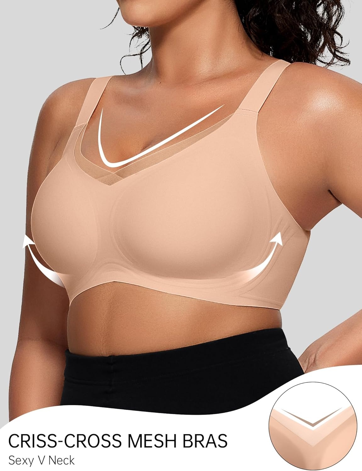image:imageOEAK Womens Wireless Jelly Bras V Mesh Comfortable Bralette Supportive Tshirt Bra No Underwire Seamless Push Up Everyday BrasPraline