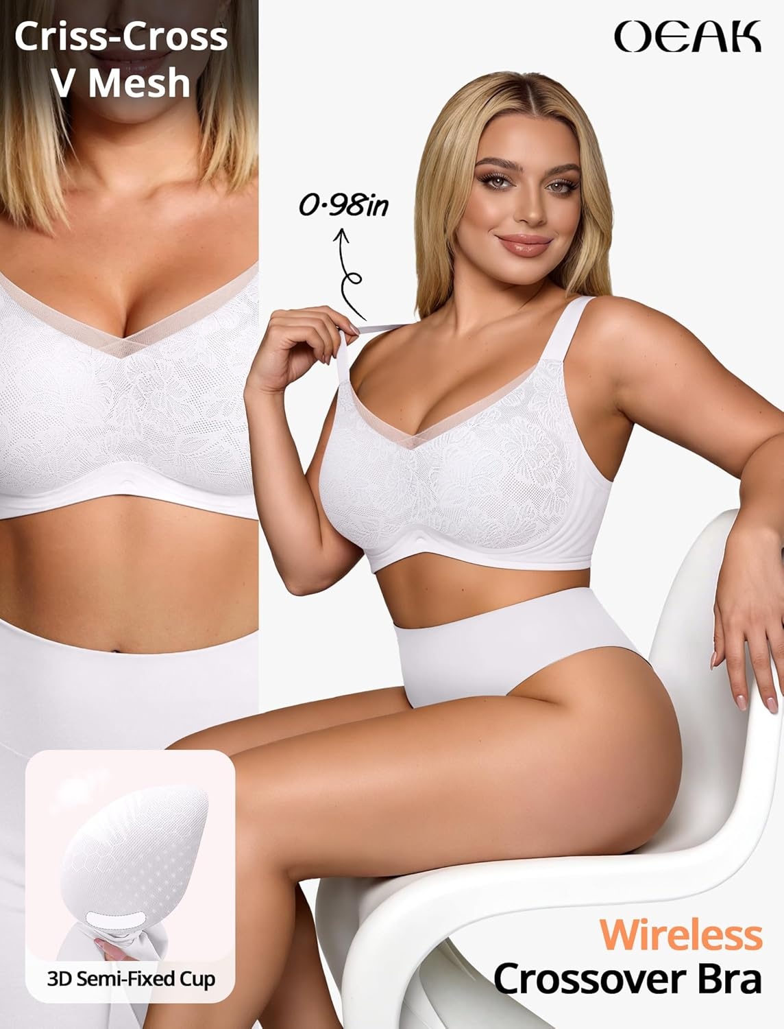 image:imageOEAK Womens Wireless Jelly Bras V Mesh Comfortable Bralette Supportive Tshirt Bra No Underwire Seamless Push Up Everyday BrasWhite Lace