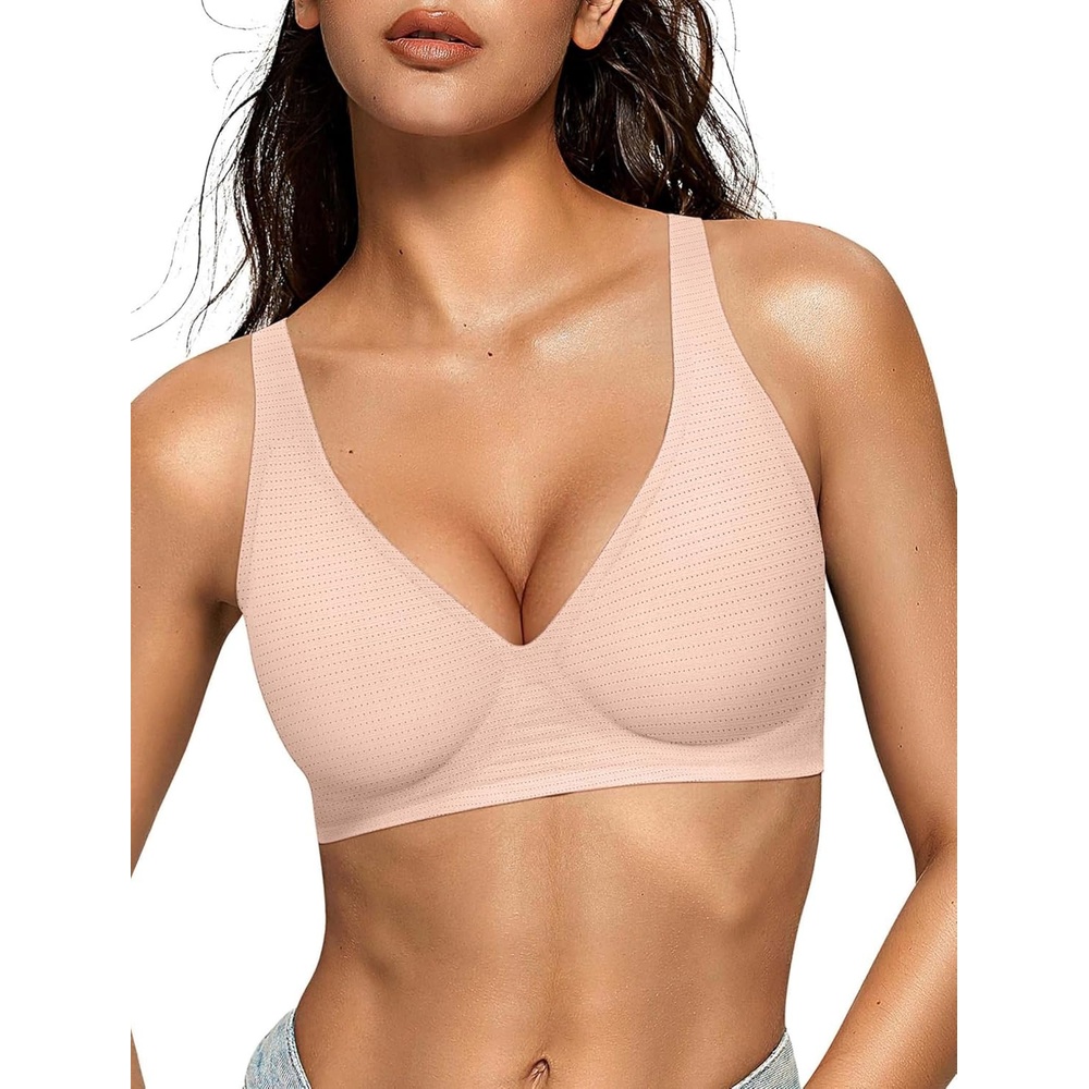 image:imageOEAK Womens Deep V Bras Wireless Comfortable Bra Supportive No Underwire Bras Tshirt Push Up Bralettes Plunge Seamless BraCool Nude