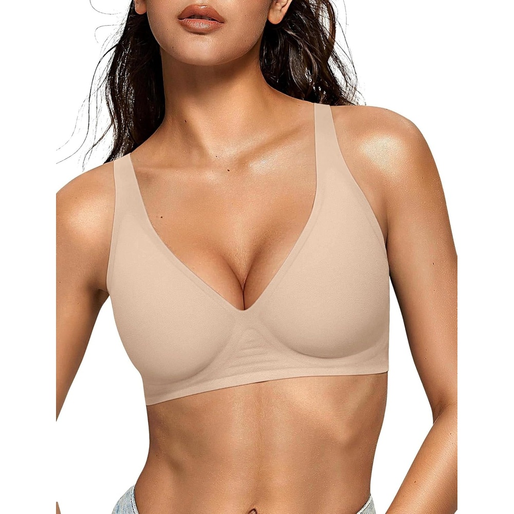 image:imageOEAK Womens Deep V Bras Wireless Comfortable Bra Supportive No Underwire Bras Tshirt Push Up Bralettes Plunge Seamless BraDark Beige