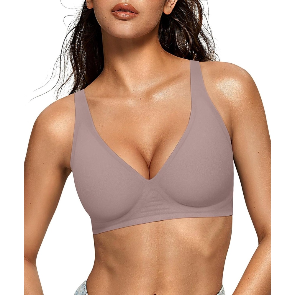 image:imageOEAK Womens Deep V Bras Wireless Comfortable Bra Supportive No Underwire Bras Tshirt Push Up Bralettes Plunge Seamless BraGrey