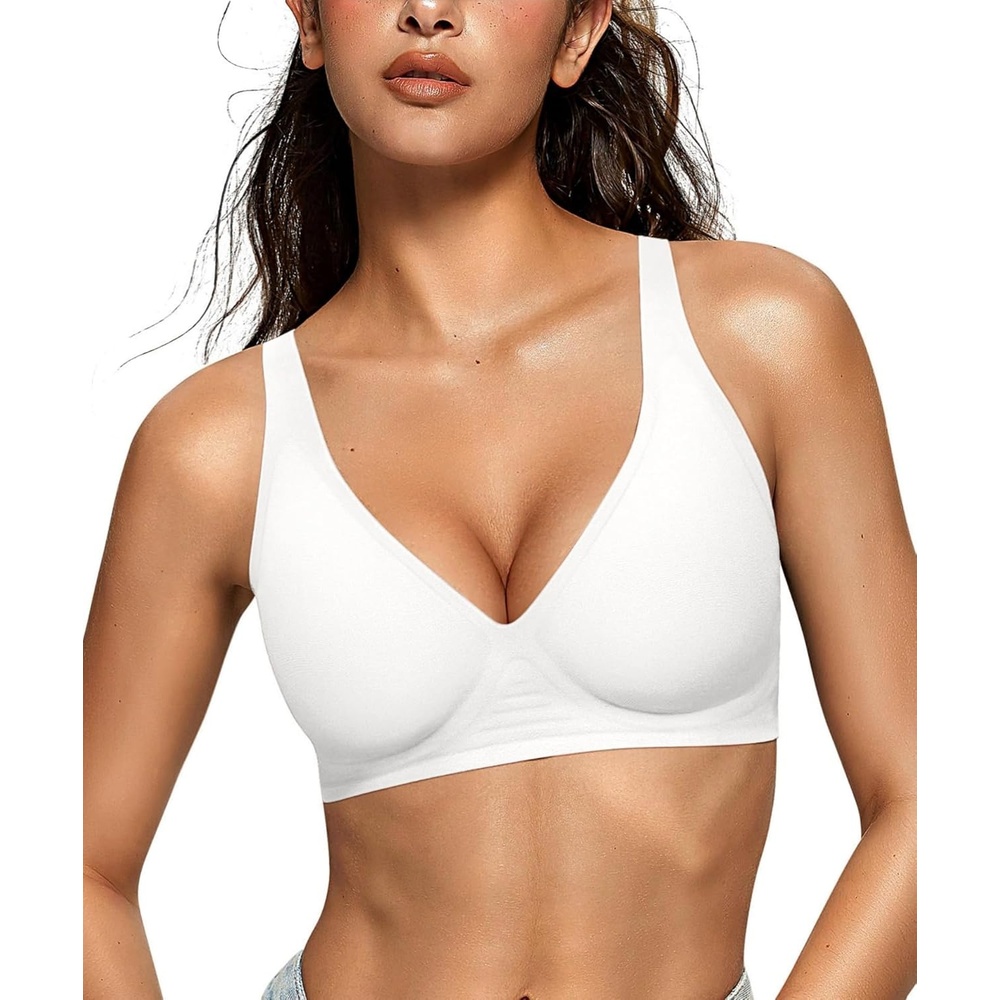 image:imageOEAK Womens Deep V Bras Wireless Comfortable Bra Supportive No Underwire Bras Tshirt Push Up Bralettes Plunge Seamless BraWhite