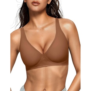 image:imageOEAK Womens Deep V Bras Wireless Comfortable Bra Supportive No Underwire Bras Tshirt Push Up Bralettes Plunge Seamless BraCinnamon