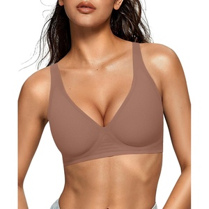 image:imageOEAK Womens Deep V Bras Wireless Comfortable Bra Supportive No Underwire Bras Tshirt Push Up Bralettes Plunge Seamless BraCoffee