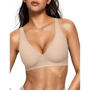 image:imageOEAK Womens Deep V Bras Wireless Comfortable Bra Supportive No Underwire Bras Tshirt Push Up Bralettes Plunge Seamless BraDark Beige