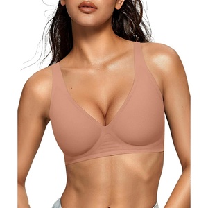 image:imageOEAK Womens Deep V Bras Wireless Comfortable Bra Supportive No Underwire Bras Tshirt Push Up Bralettes Plunge Seamless BraLatte