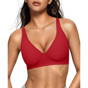 image:imageOEAK Womens Deep V Bras Wireless Comfortable Bra Supportive No Underwire Bras Tshirt Push Up Bralettes Plunge Seamless BraRed