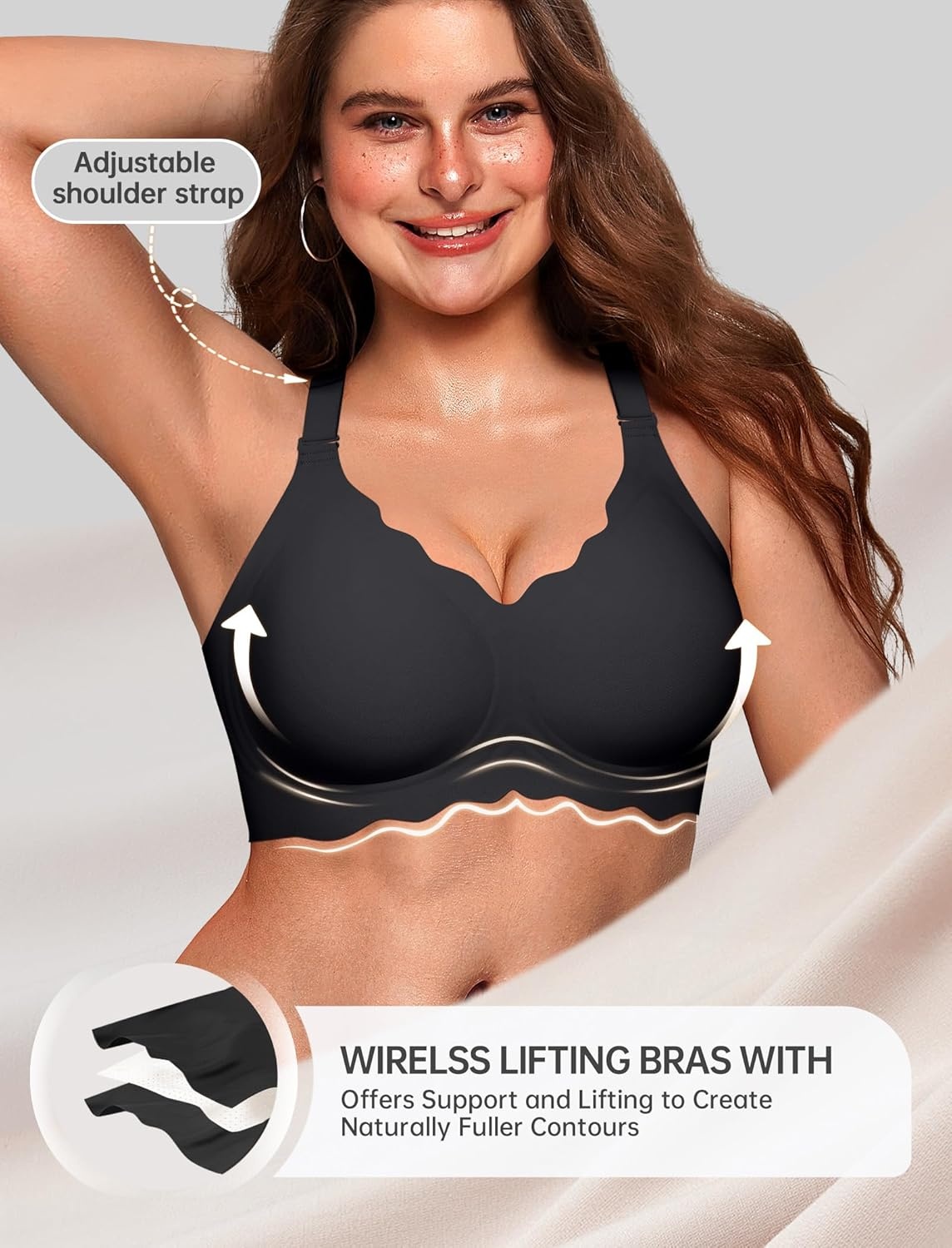 image:imageOEAK Women Jelly Bras No Underwire Scalloped Push Up Buttery Soft Tshirt Bra Seamless Full Coverage Convertible Everyday BraBlack