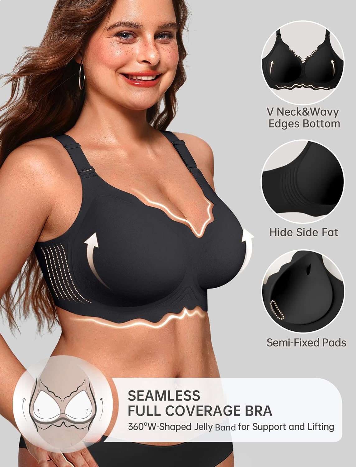 image:imageOEAK Women Jelly Bras No Underwire Scalloped Push Up Buttery Soft Tshirt Bra Seamless Full Coverage Convertible Everyday BraBlack