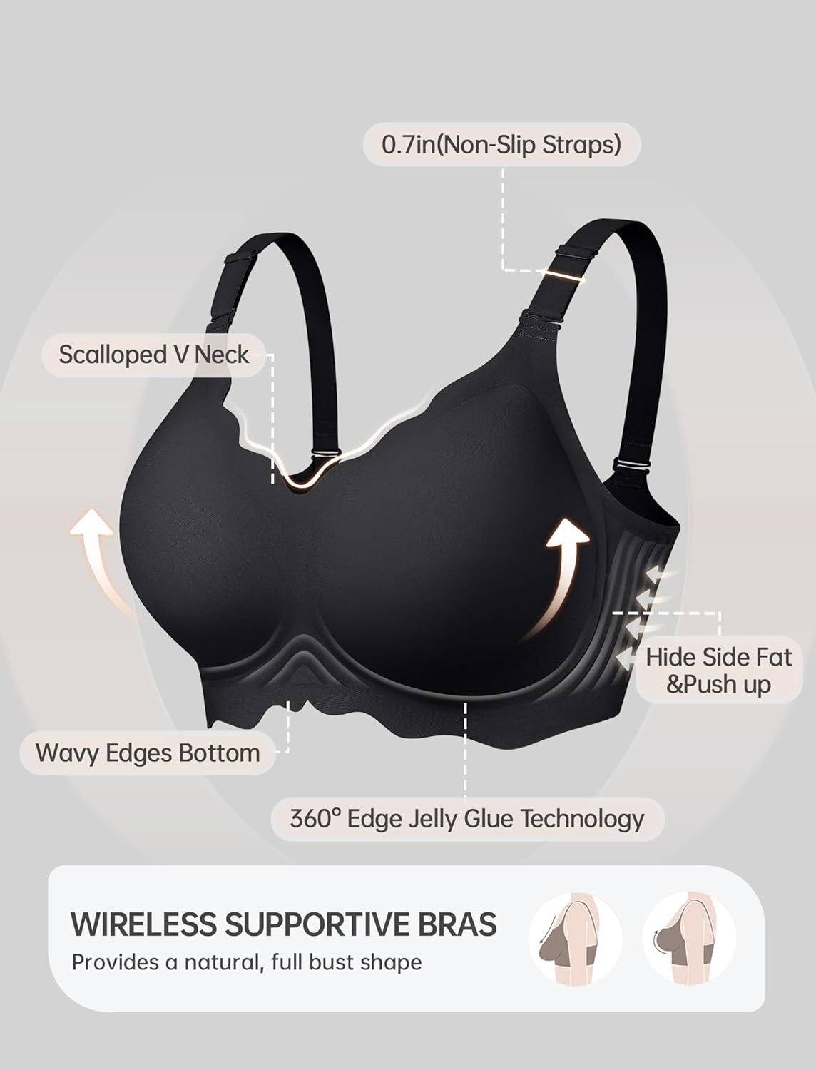 image:imageOEAK Women Jelly Bras No Underwire Scalloped Push Up Buttery Soft Tshirt Bra Seamless Full Coverage Convertible Everyday BraBlack