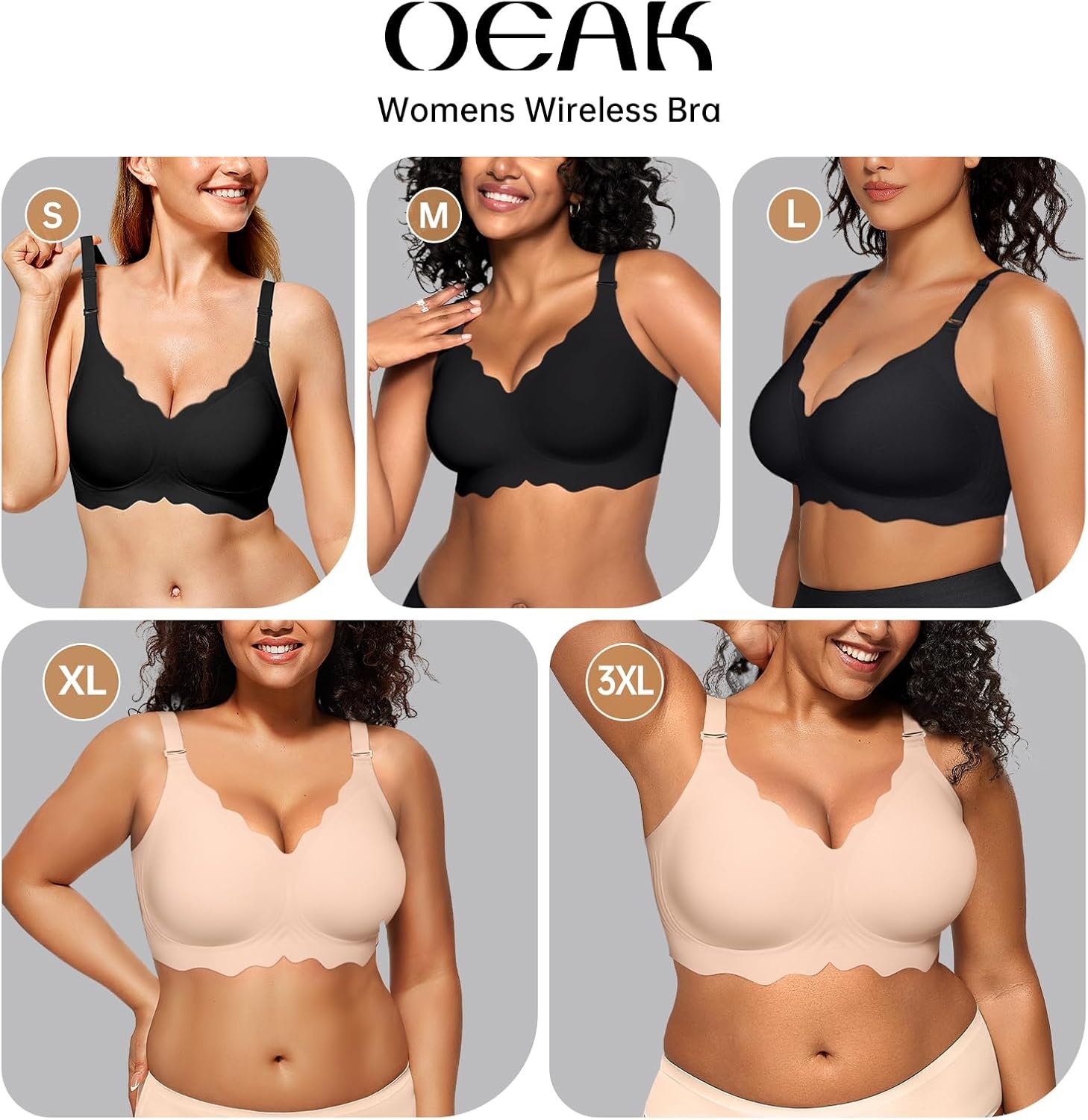 image:imageOEAK Women Jelly Bras No Underwire Scalloped Push Up Buttery Soft Tshirt Bra Seamless Full Coverage Convertible Everyday BraBlack