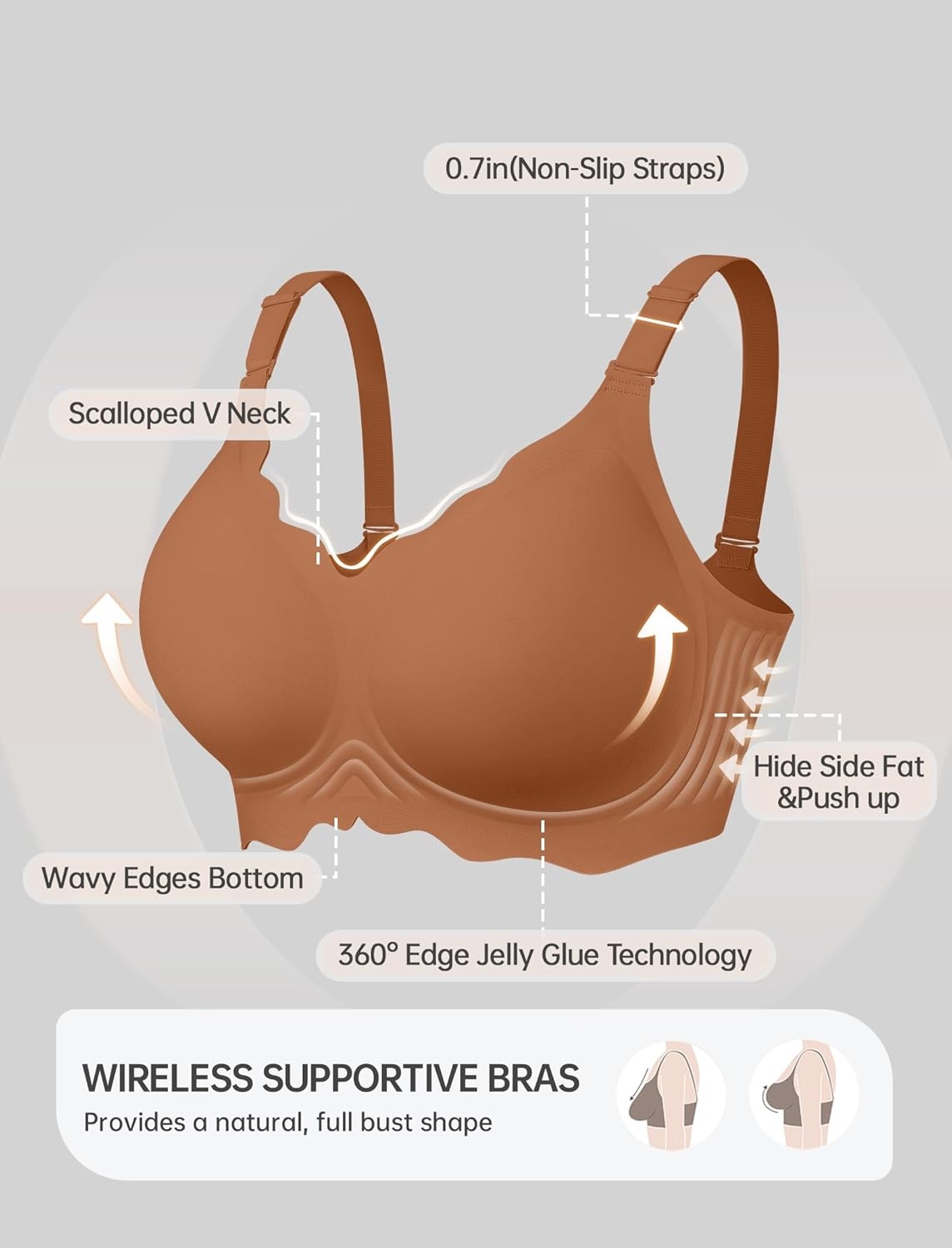 image:imageOEAK Women Jelly Bras No Underwire Scalloped Push Up Buttery Soft Tshirt Bra Seamless Full Coverage Convertible Everyday BraCoffee